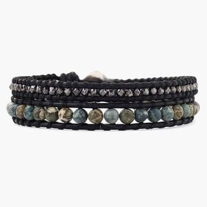 Chan Luu African Turquoise Beaded Mix Black Leather Double Wrap Bracelet NWT